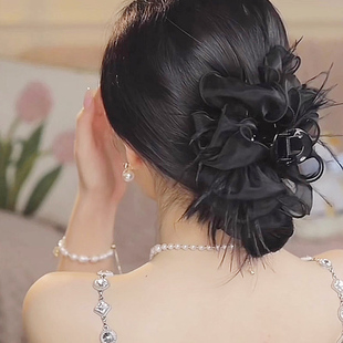 羽毛欧根纱抓夹盘发马尾发卡后脑勺发抓大号鲨鱼夹头饰女 2023新款