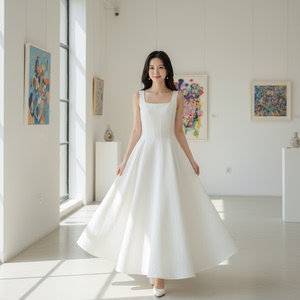 法式方领白色气质连衣裙女2026夏季新款温柔显瘦高级优雅吊带长裙