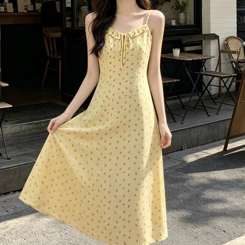法式复古黄色碎花纹吊带连衣裙女