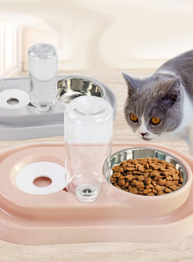 新款宠物猫咪饭盆水盆防溅不锈钢双碗一体自动饮水小型犬通用粉蓝