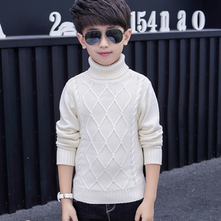 男童毛衣秋冬款加绒加厚白色纯棉针织衫中大童洋气女童高领打底衫