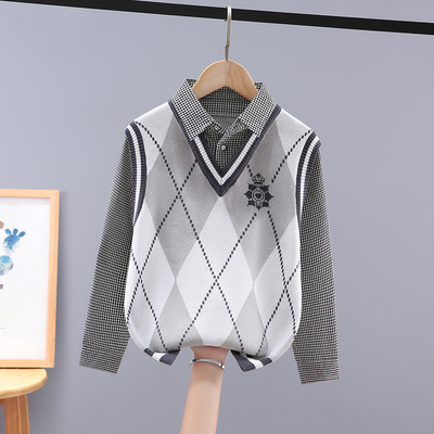 男童毛衣假两件纯棉针织衫打底衫