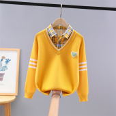 洋气男孩打底衫 男童假两件毛衣秋冬加绒加厚儿童衬衫 领纯棉针织衫