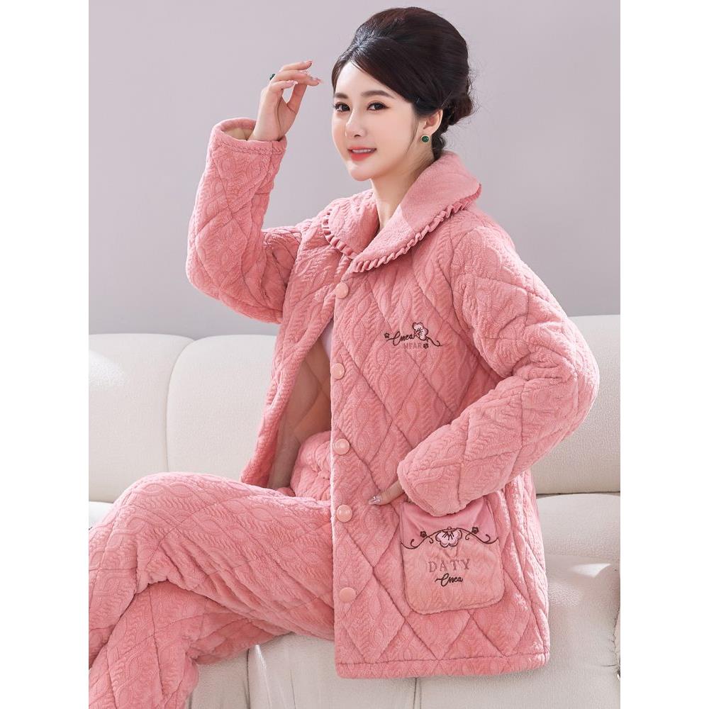 妈睡衣女冬三层加厚珊瑚绒