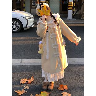 甜美可爱牛角扣拼接连帽毛呢外套女冬季新款高级感小个子呢子大衣