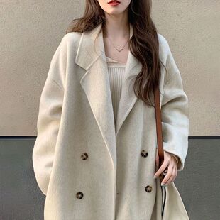 大衣女中长款小个子高级感气质韩系温柔韩版毛呢外套秋冬双排扣