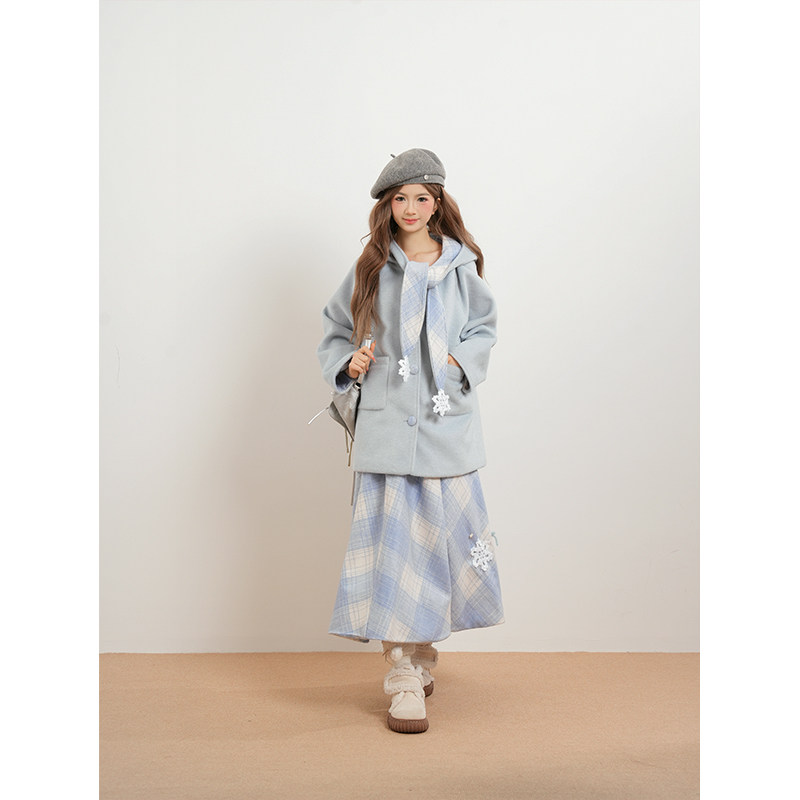 【蓝格旧韵】甜美小个子蓝色毛呢上衣格纹半身裙两件套学院风小众,女装/女士精品,时尚套装,淘宝优惠券,粉丝福利购,淘宝优惠卷