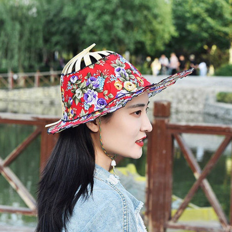 女士竹扇折叠便携百搭沙滩遮阳防晒太阳帽夏季户外旅游