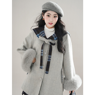 航海艺术家/韩系格子大衣秋冬新款毛毛袖海军领气质夹棉毛呢外套