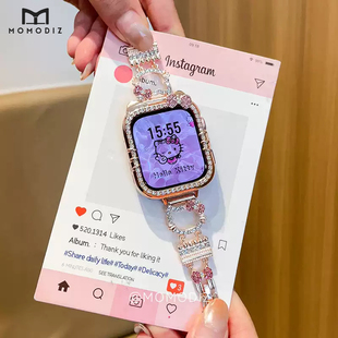 2025春夏季新款凯蒂猫金属手链适用华为FIT4智能手表小香风表链fit3运动手环轻奢网红表带KT猫闪钻镶嵌表壳