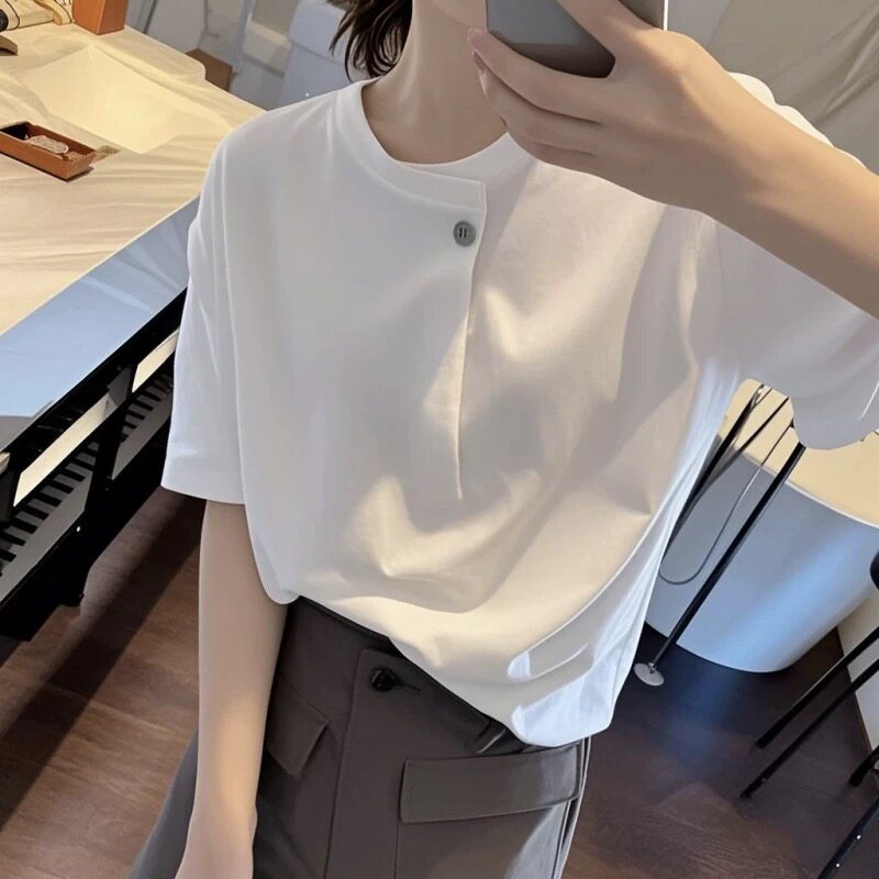 thumbnail for 300 pounds of oversized women's shoulders with a button short sleeve T-shirt women's 200 pounds fat mm loose thin top T-shirt tide