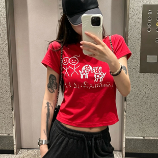 2027春装新款个性简潮风红色短袖T恤女火柴人印花上衣韩系穿搭T恤