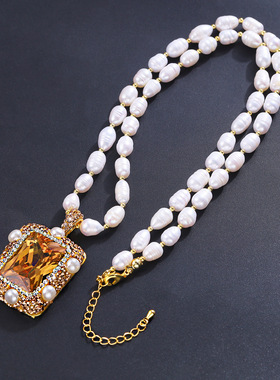 法式复古高档毛衣链个性创意设计淡水珍珠水晶项链气质时尚项饰品