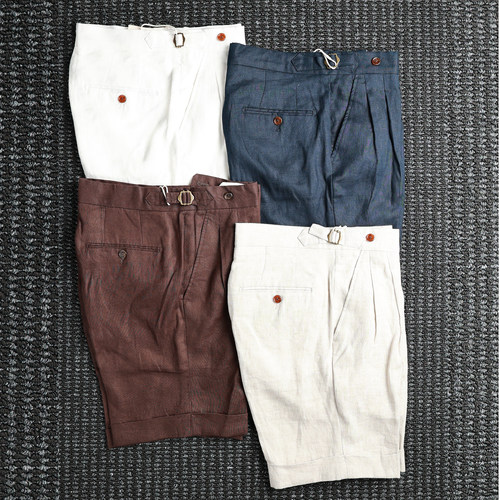 夏季高定亚麻高腰男通勤五分短裤