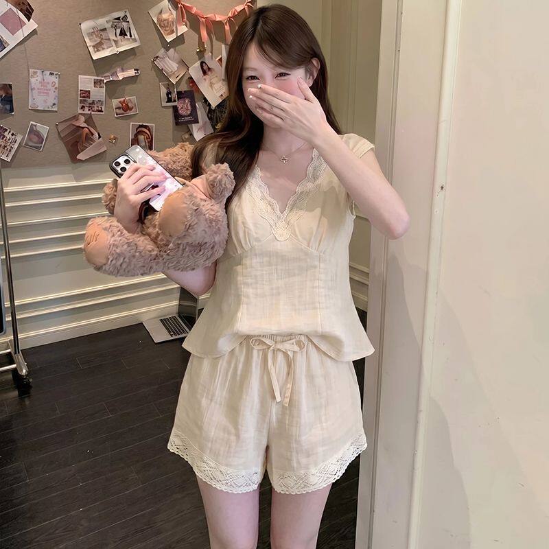 法式带胸垫睡衣女士甜美少女蕾丝花边V领短袖夏季短裤家居服套装