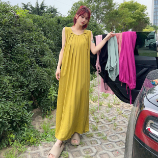 网红爆款女士高端连衣裙女夏2025新款棉绸休闲显身材无袖沙滩长裙