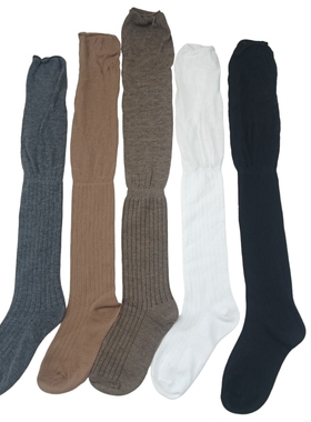 日单 高筒过膝袜女纯白色竖条纹宽松不勒腿透气薄款拼接堆堆袜