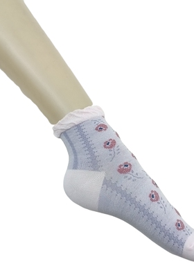 风尚足衣 灰紫色拼接粉色 小花朵可爱甜美女生短筒袜