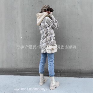 爆款欧美毛呢可拆卸女装外套格子冬季大衣2023连帽年ebay时尚）（