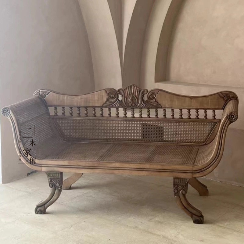 东南亚实木编藤沙发中古客厅复古接待椅休闲沙发雕刻影楼样板房