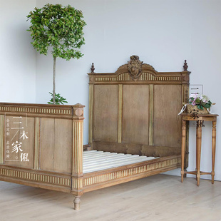 法式复古实木床双人床雕花床头板条纹装饰卧室家具