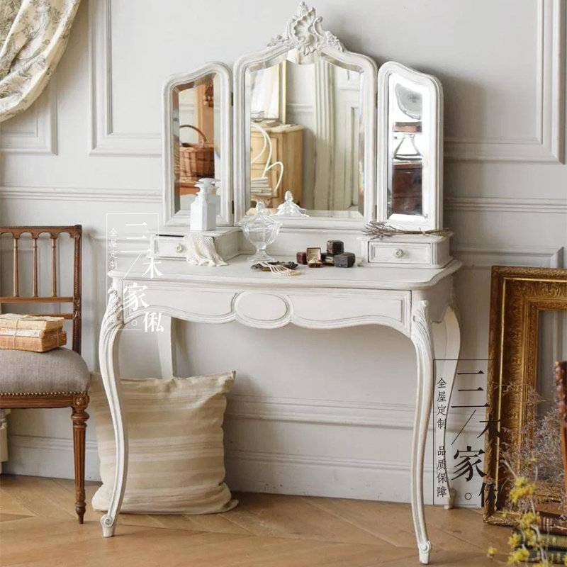 法式白色实木梳妆台带镜收纳化妆桌主卧雕花装饰柜