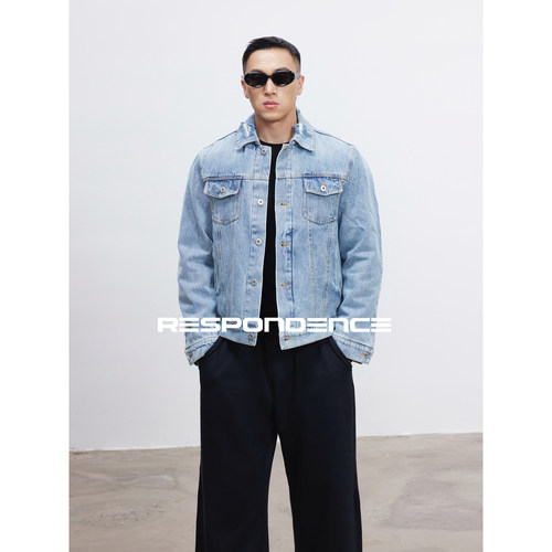 RESPONDENCE 水洗做旧浅蓝牛仔夹克Vintage破坏修身冰蓝外套