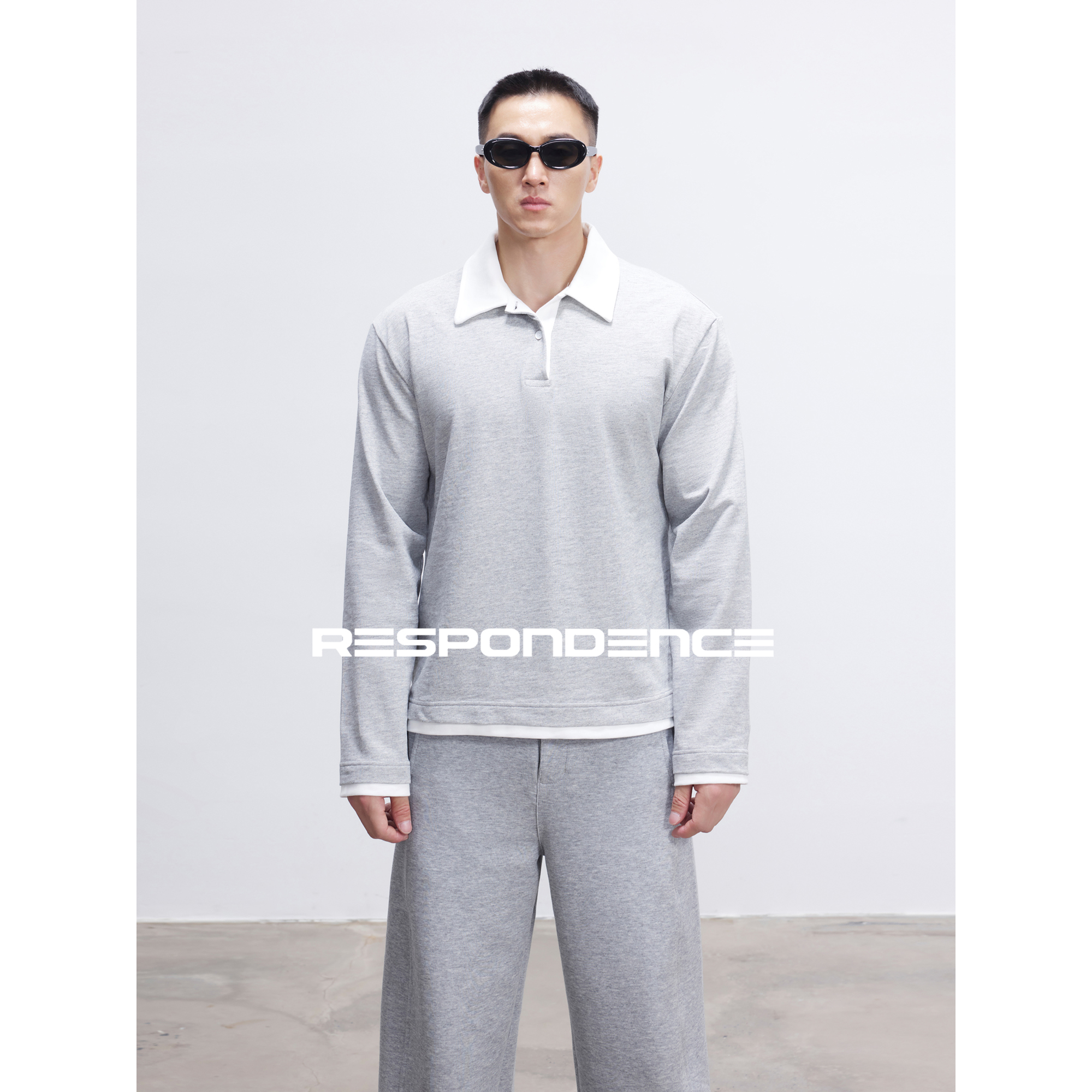 RESPONDENCE 竹节纹理复古假两件撞色polo领慵懒叠穿长袖打底衫