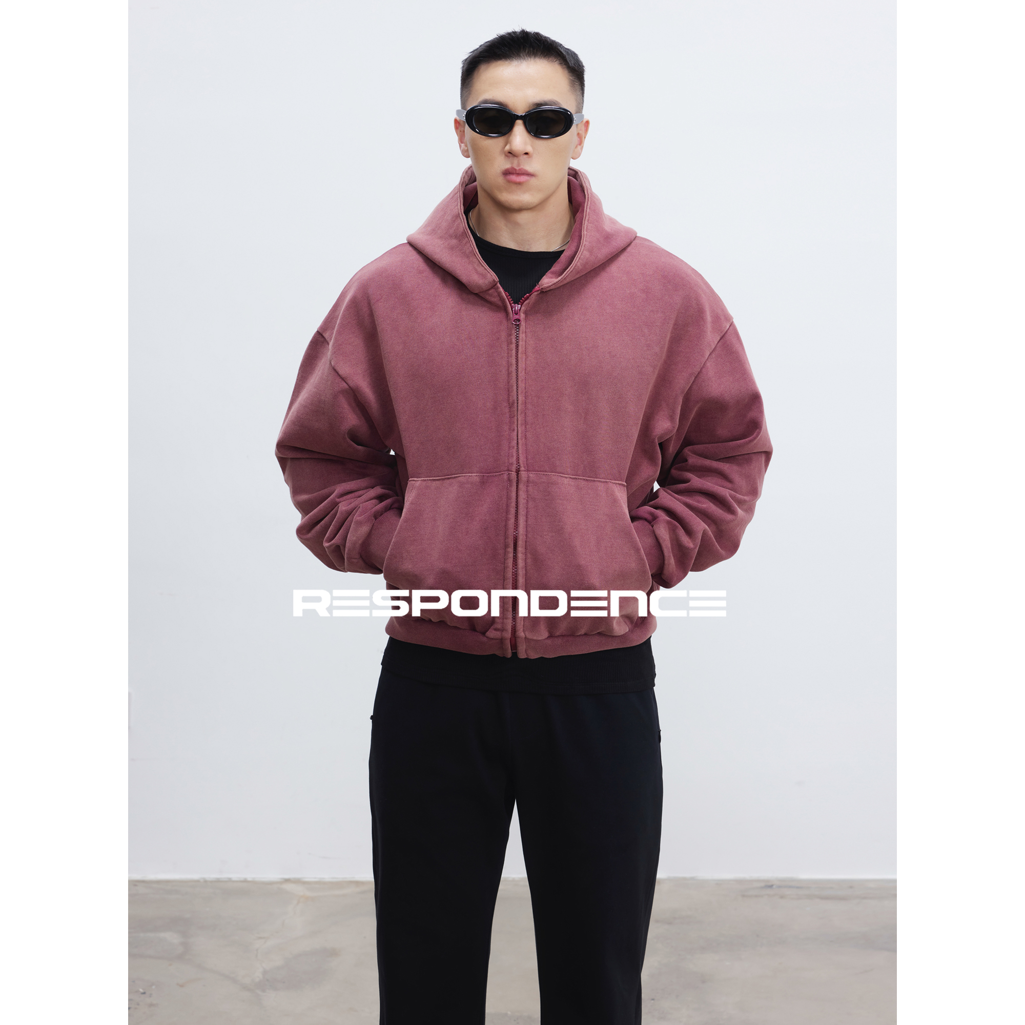 RESPONDENCE 水洗做旧运动健身外套酒红短款拉链连帽卫衣秋冬上衣