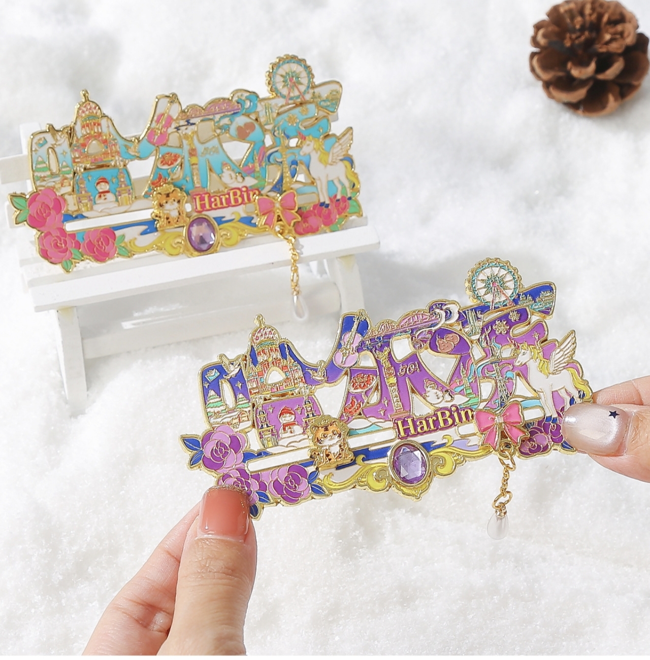 哈尔滨冰雪奇缘字绘金属冰箱贴哈尔滨字体可滑轨款式纪念品磁吸贴