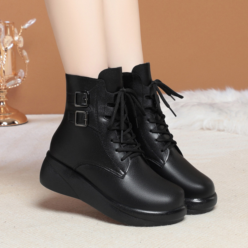 厚底马丁靴女加绒冬季新款真皮短靴加厚羊毛保暖大棉靴东北棉鞋子