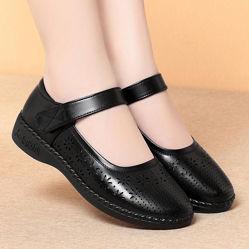 软底妈妈单鞋镂空真皮平底女鞋