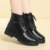 中老年妈妈马丁靴真皮加绒保暖羊毛皮鞋 软底防滑大码 系带中跟软面