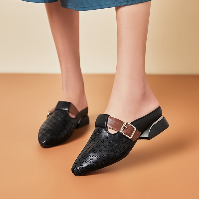 半包头镂空拖鞋女时尚外穿低跟休闲百搭真皮凉鞋夏季2026年新款