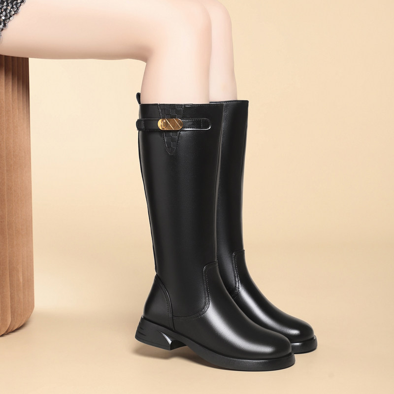 2025秋冬新款真皮粗跟长筒低跟中筒靴厚底马丁靴百搭女靴子加绒,女鞋,时装靴,淘宝优惠券,粉丝福利购,淘宝优惠卷