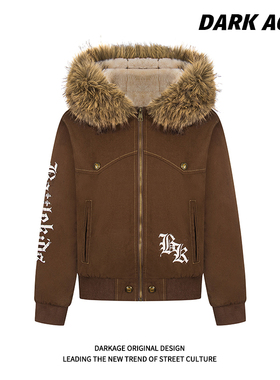 DARKAGE原创美式复古国潮牌字母小标大毛领男女冬季加厚棉服外套