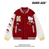 DARKAGE原创美式 宽松重磅夹克外套 复古kitty猫植绒棒球服男女秋季