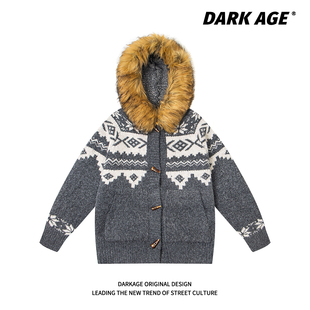 DARKAGE可拆卸毛领费尔岛毛衣外套男女秋季加厚情侣撞色针织衫