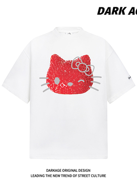 DARKAGE美式复古草莓凯蒂猫印花白色短袖T恤女ins夏季宽松t恤上衣