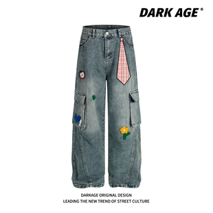 DARKAGE原创创意趣味刺绣格纹领带多口袋工装 女秋宽松直筒 牛仔裤
