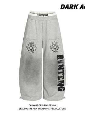 DARKAGE美式复古辣妹水洗印花休闲卫裤女秋冬宽松阔腿裤女设计感