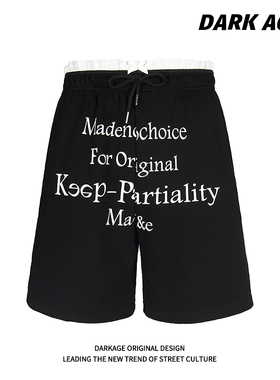 DARKAGE美式高街双腰头黑色短裤女夏季字母宽松直筒五分裤休闲