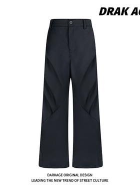 DARKAGE美式褶皱拖地微喇休闲高级感休闲宽松直筒垂感黑色西裤男