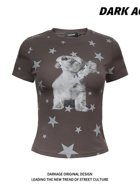DARKAGE原创美式甜辣风星星小狗印花修身正肩短袖辣妹显瘦y2kT恤