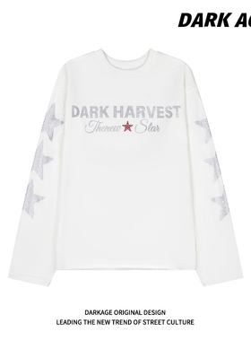 DARKAGE原创美式复古星星字母烫钻长袖T恤男女春季宽松圆领上衣