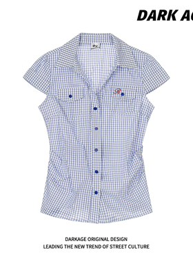 DARKAGE原创美式复古格子翻领短袖衬衫女款夏季收腰修身显瘦衬衣