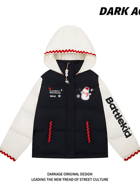 DARKAGE原创美式雪人刺绣魔术贴连帽棉衣外套男女情侣款加厚棉服