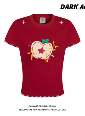 DARKAGE美式复古小苹果刺绣短袖T恤女夏季甜辣风正肩修身短款上衣