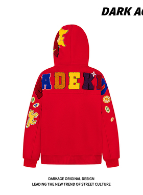 DARKAGE原创美式复古新年氛围感字母毛巾绣连帽卫衣春季帽衫外套