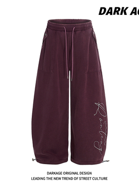 DARKAGE原创美式复古银狐绒刺绣冬季加绒加厚休闲裤女款宽松长裤